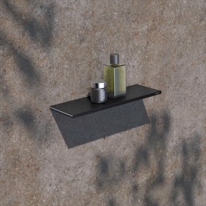 Keuco Duschablage Rose, 33 cm, schwarz-matt, mit Badartikeln an Wand.