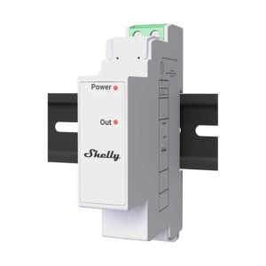 Shelly Schalter Pro Add On in Weiß zur Hausautomation, montiert auf DIN-Schiene.