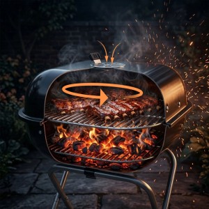 Schwarzer Holzkohlegrill mit offenem Deckel, Rippchen garen über glühender Kohle. Perfekt für indirektes Grillen.
