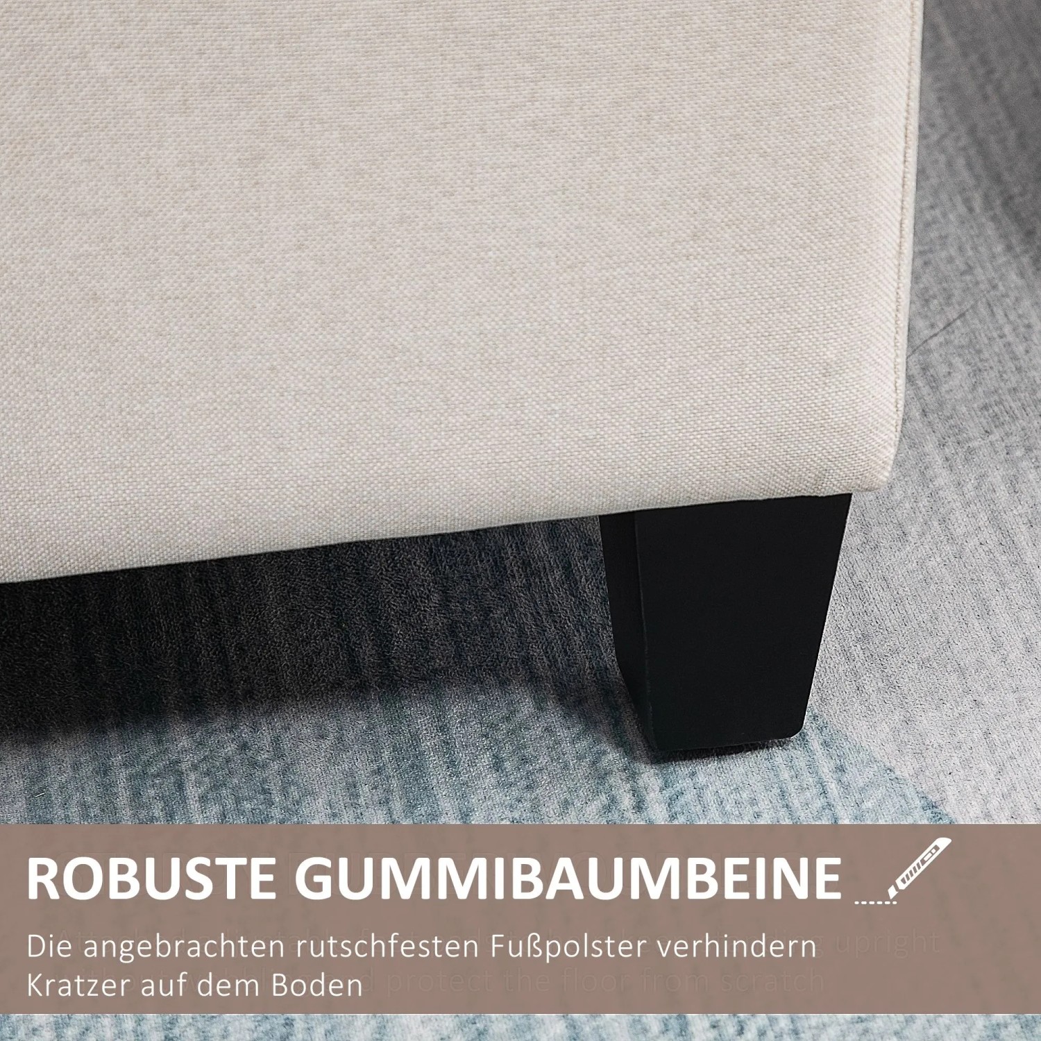 Cremeweiße Sitzbank mit robustem schwarzem Gummiholzbein und rutschfestem Fußpolster. Ideal für Schuhbänke.