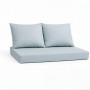 Pastellblaues Palettenkissen-Set für Outdoor-Möbel. Ein Sitzkissen und zwei Rückenkissen für Palettensofas.