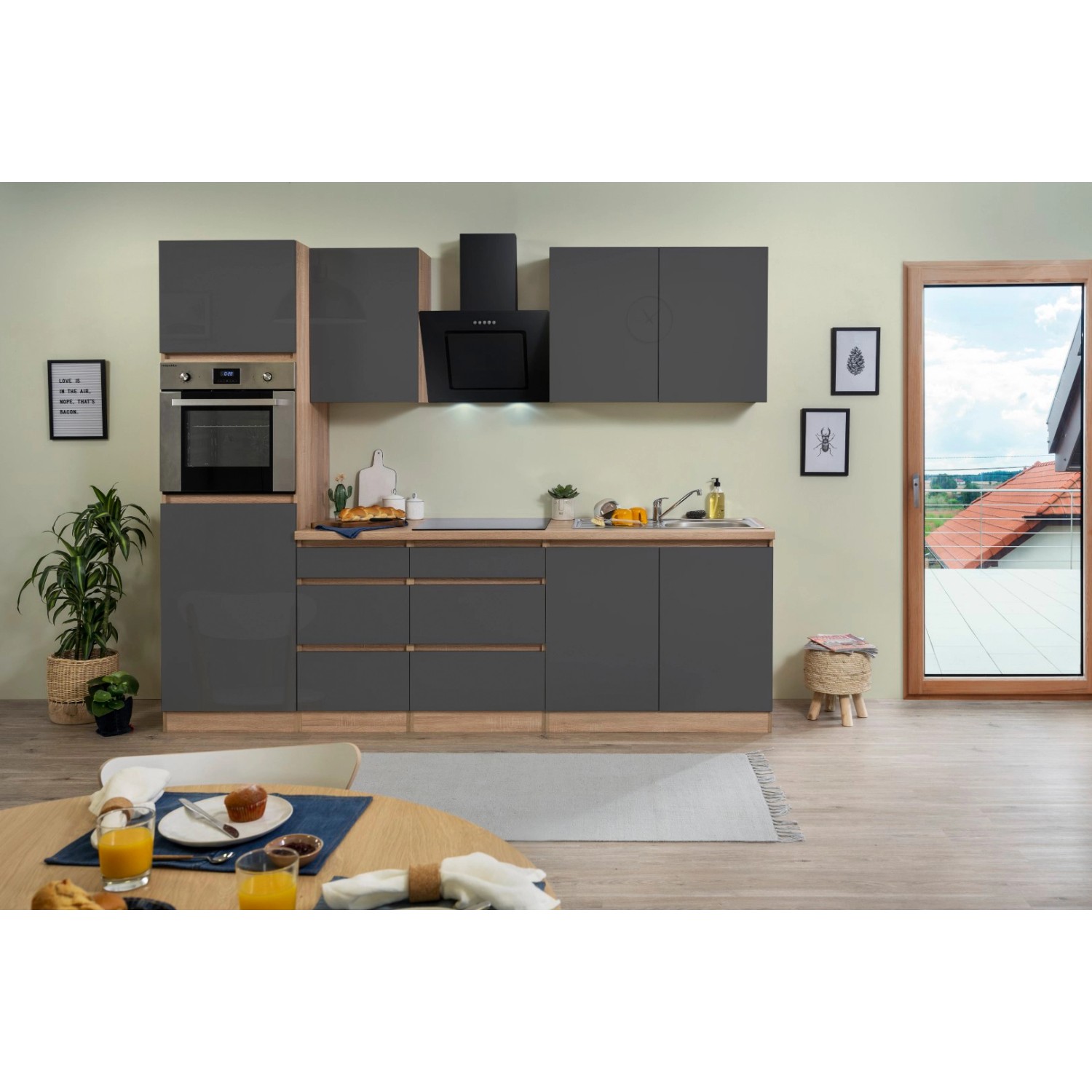 Respekta Küchenzeile/Küchenblock ohne E-Geräte 270 cm Grifflos Grau Hochglanz-Eiche Sägerau