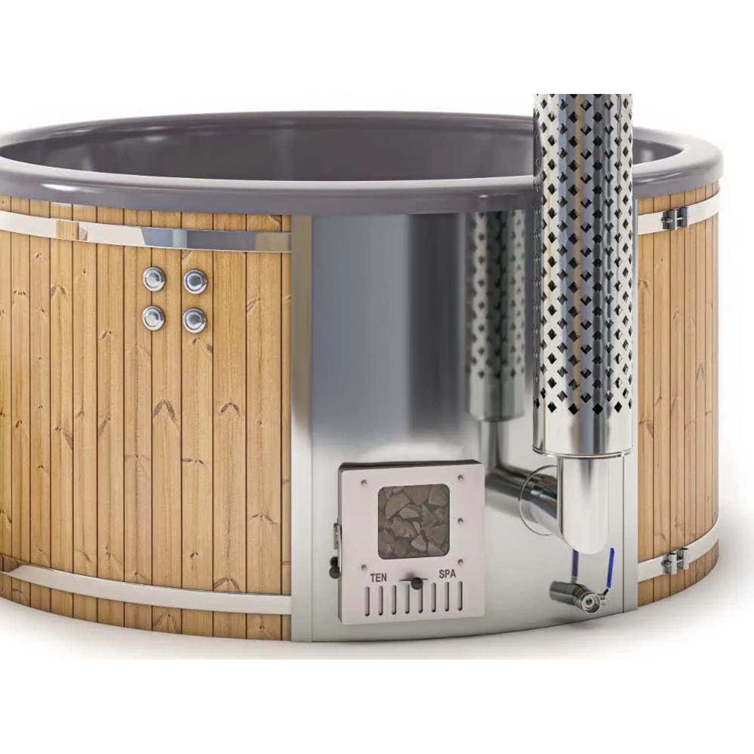Finntherm Badefass Stockholm Thermoholz mit Whirlpool und Ofen. Außen Thermoholz, innen grau.
