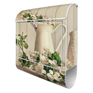 Banjado Design Briefkasten Silber mit Kirschblüten-Motiv und Zeitungsfach.