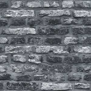 Anthrazitfarbene Klinker-Tapete in Steinoptik für Wohnzimmer im Loft-Stil.