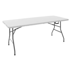 Weißer, klappbarer ML-Design Campingtisch 180x74 cm aus Kunststoff mit Tragegriff.