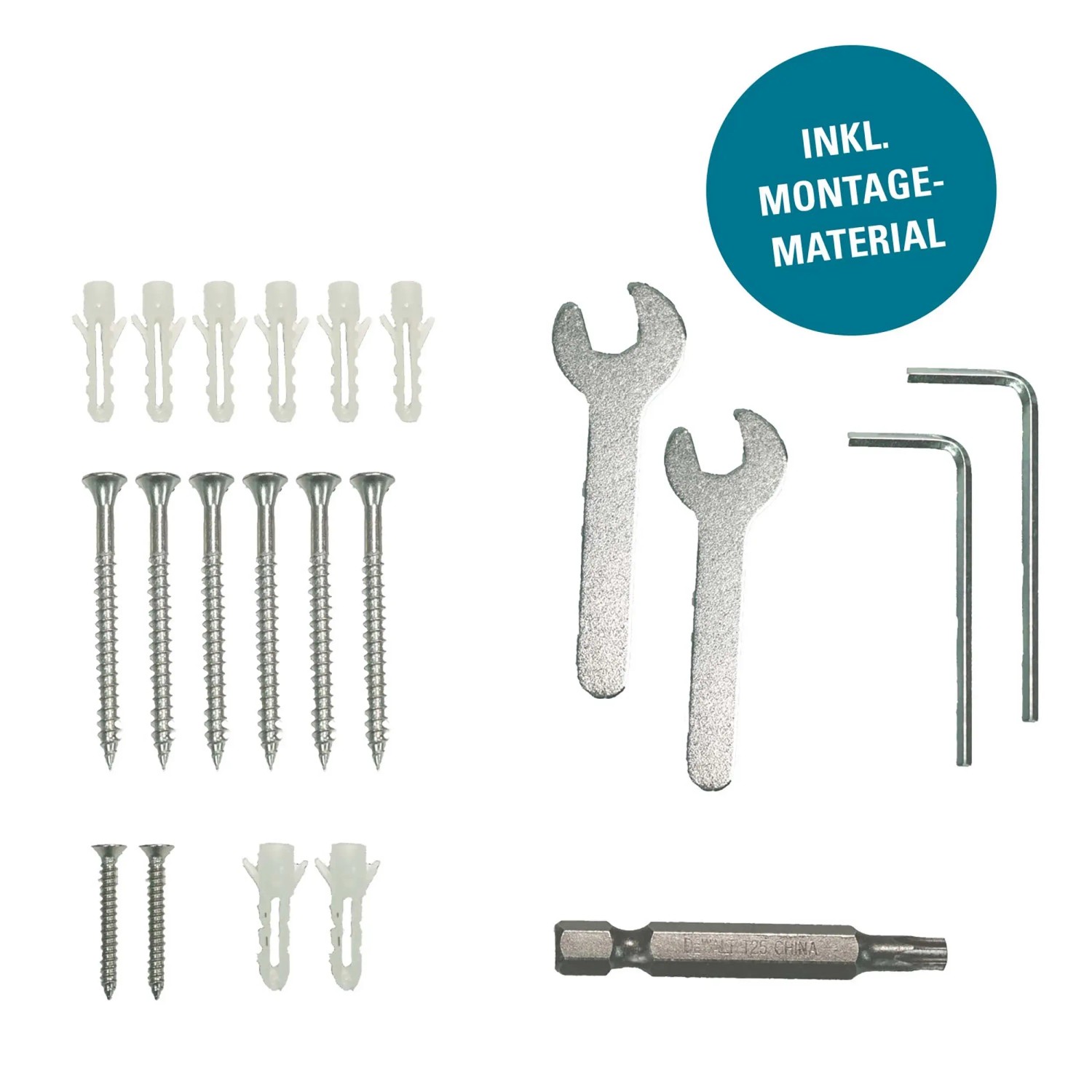 Montagematerial für Novadoors Schiebetür-Set Ontario, inkl. Schrauben, Dübel, Schraubenschlüssel und Bit.