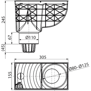 Technische Zeichnung: Alcadrain Regensinkkasten 300x155/110 mm, senkrechter Abgang, Maße und Details.