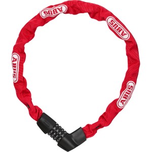 Rotes Abus Kettenschloss CH Lock 4409 mit Zahlencode für Fahrräder.