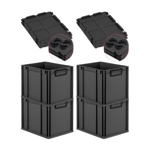 PROREGAL SuperSparSet: 4 schwarze Euroboxen (30L) mit Deckel. Aufbewahrungsboxen aus Kunststoff, stapelbar.