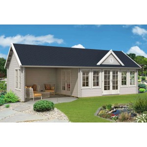 Alpholz Gartenhaus Ben 70 mit Satteldach und Anbaudach, unbehandelt, im Garten.