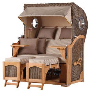 Komplettset: Grauer Strandkorb Ammersee aus Teak mit Bullauge, ausziehbaren Fußstützen und Bistrotischen.