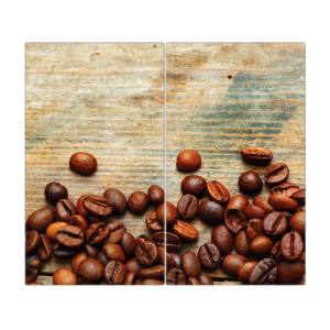 2-teilige Glas Herdabdeckplatte mit Kaffeebohnen Motiv, auch als Schneidebrett nutzbar.