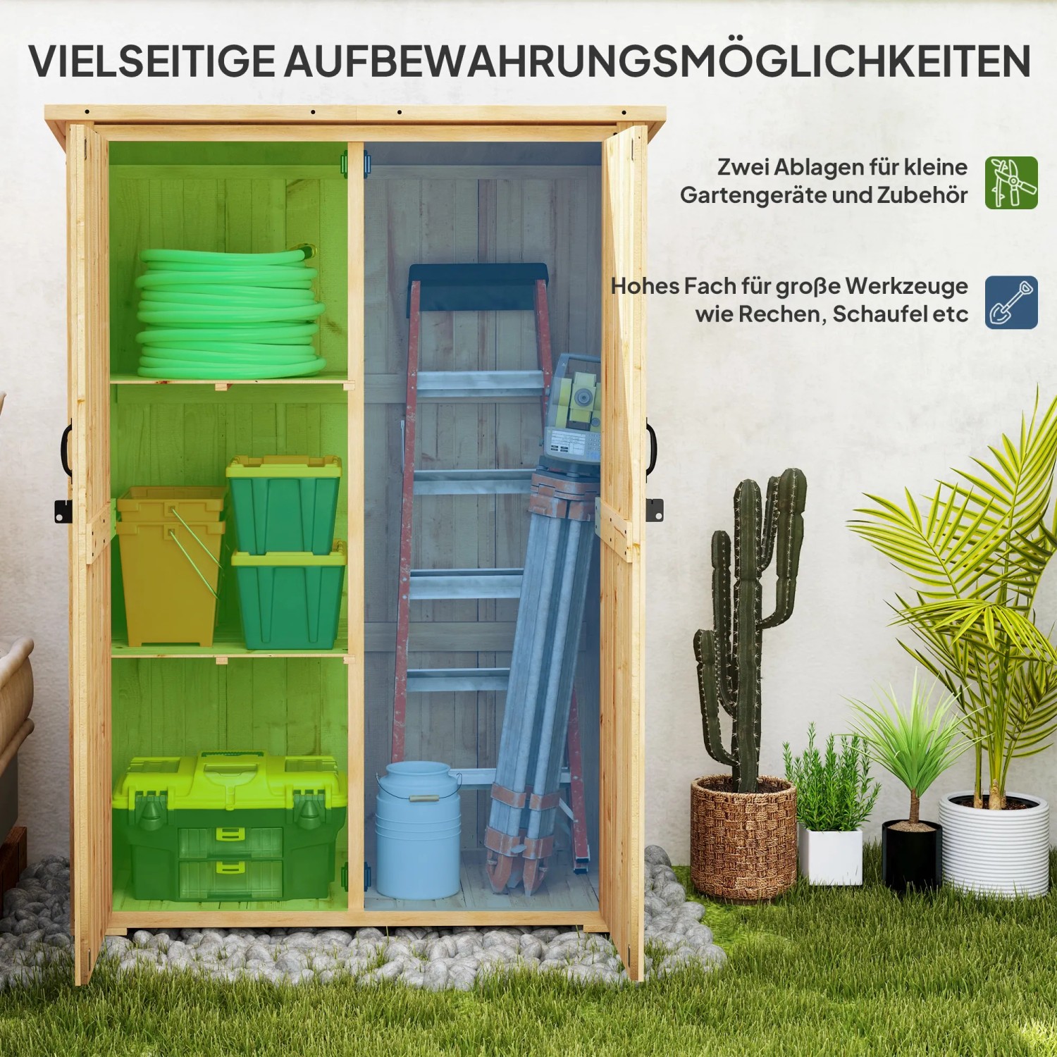 Outsunny Gartenschrank aus Tannenholz mit Regalen und Stauraum für Gartengeräte.