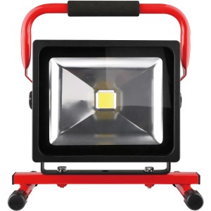 Roter Ritos LED-Akku-Baustrahler 30W mit Tragegriff und kaltweißem Licht.