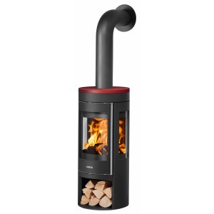 Justus Kaminofen Mino Trios 2.0, Stahl schwarz, Abdeckplatte Bordeaux, mit Holzscheiten und Flammen.