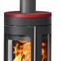 Justus Kaminofen Mino Trios 2.0, Stahl schwarz, Abdeckplatte Bordeaux, mit Holzscheiten und Flammen.