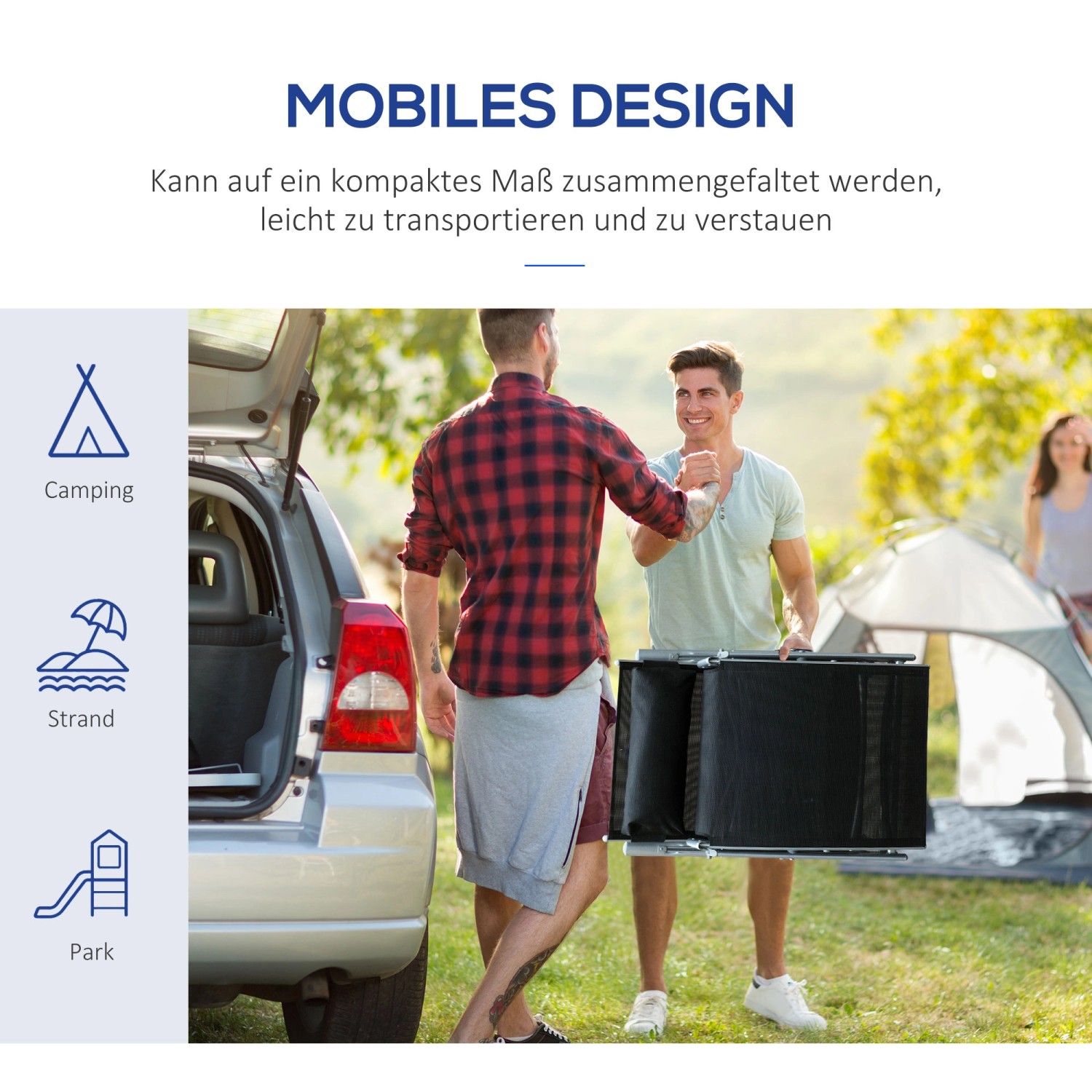 Zusammengeklappte, schwarze Outsunny Sonnenliege mit Kissen, transportbereit am Auto.