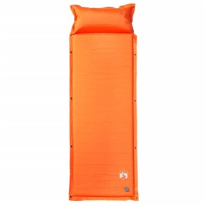 Orangefarbene, selbstaufblasende Isomatte mit Kissen für Camping & Outdoor.