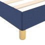 Blaues Stoff-Bettgestell 90x190 cm mit Kopfteil und hellen Holzfüßen.