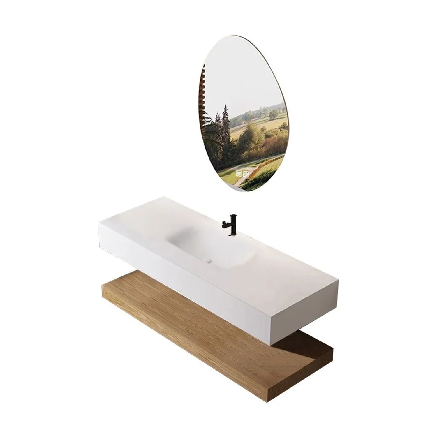 360Home Badezimmer Set Mit Weißem Waschbecken Sinterstein LED Spiegel Brauner Ablage Und Ablaufgarnitur 120 CM R557