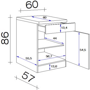 Skizze des Flex-Well Unterschranks Orlando, 60 cm, Kaschmir/Sonoma Eiche, mit Maßen.