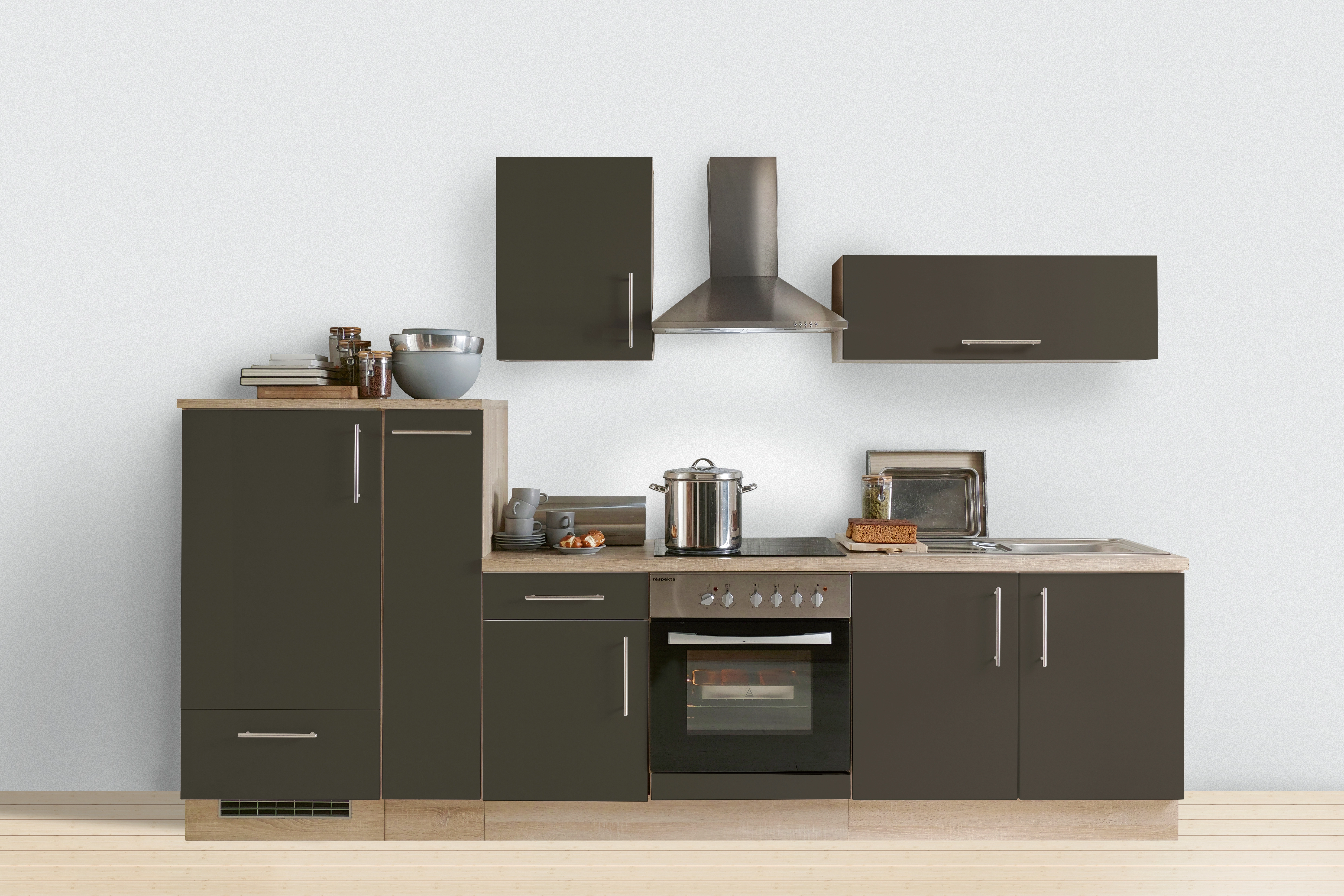 Menke Küchenzeile Premium 300 cm Lava Hochglanz-Sonoma Eiche Nachbildung  kaufen bei OBI