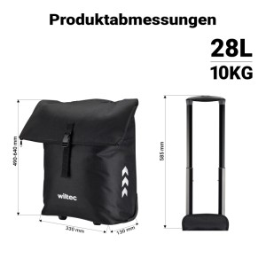Schwarze Wiltec Fahrrad-Trolley Gepäckträgertasche 28L/10KG mit Produktabmessungen und ausziehbarem Griff.