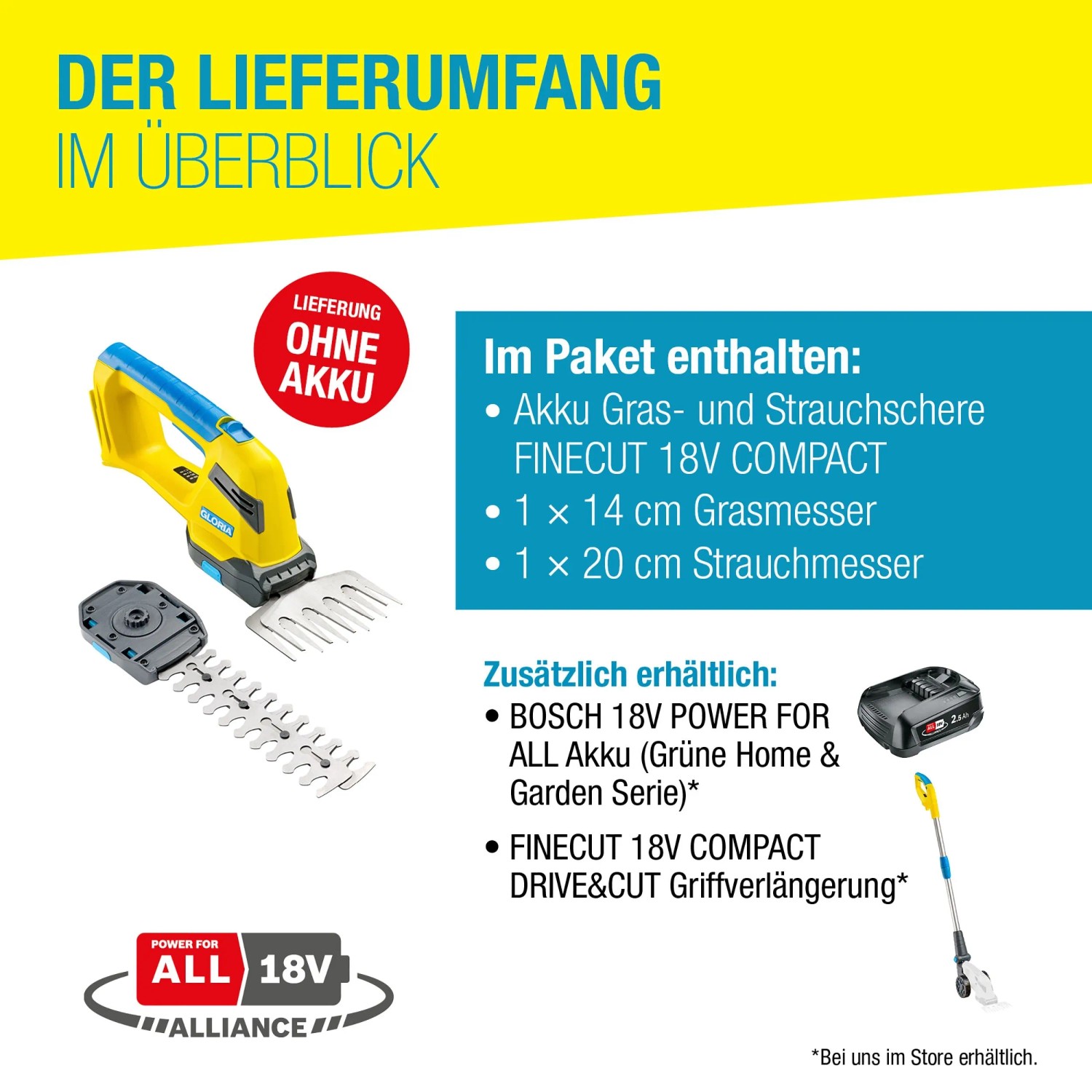 Gloria Akku Gras- und Strauchschere FineCut Compact Baretool 18 V solo mit Zubehör.
