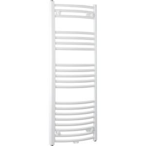 Weißer, gebogener Sanotechnik Badheizkörper Bari (1188x600 mm) mit Mittelanschluss.