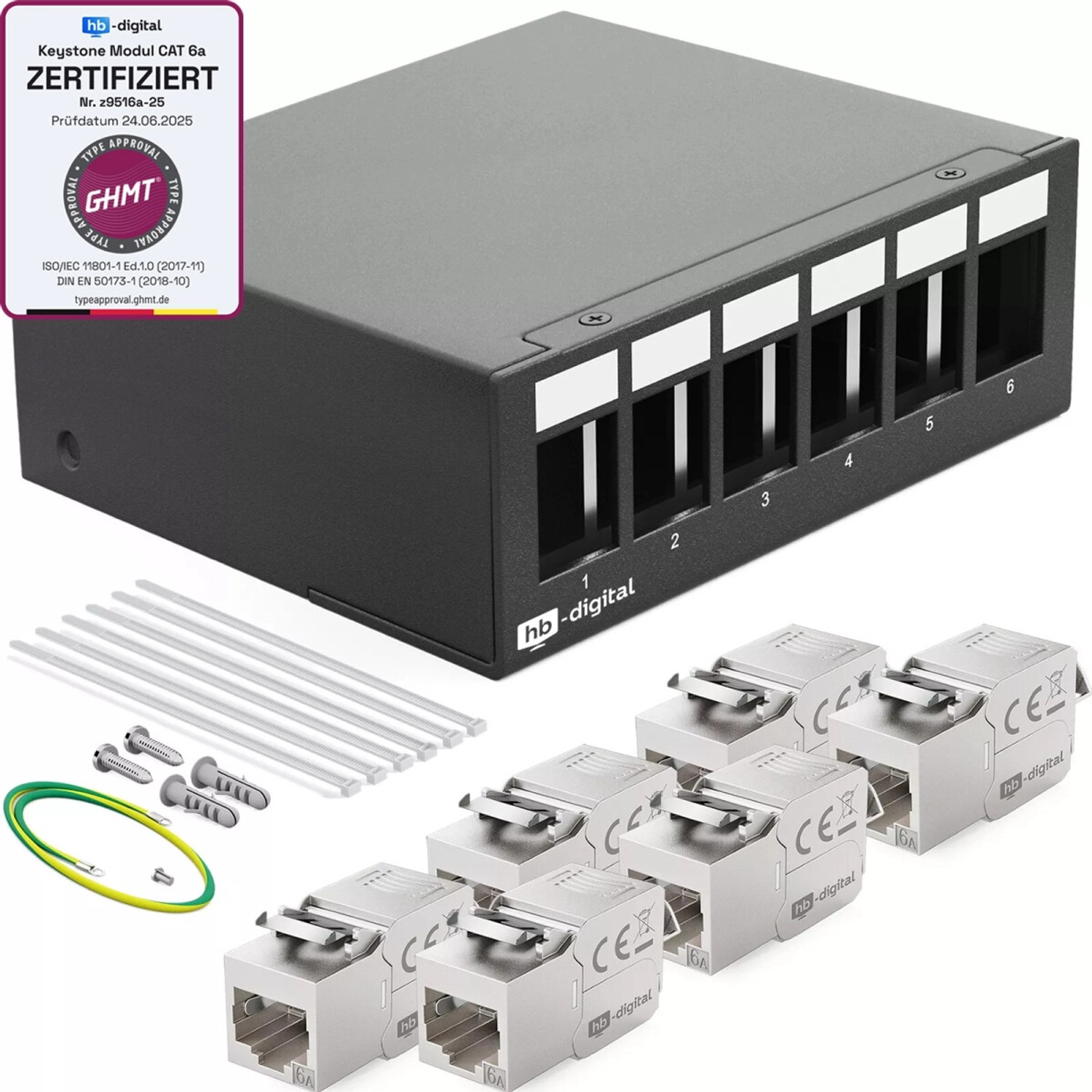 hb-digital Patchpanel 6 Port mit 6x Keystone Module Cat 6a Schwarz