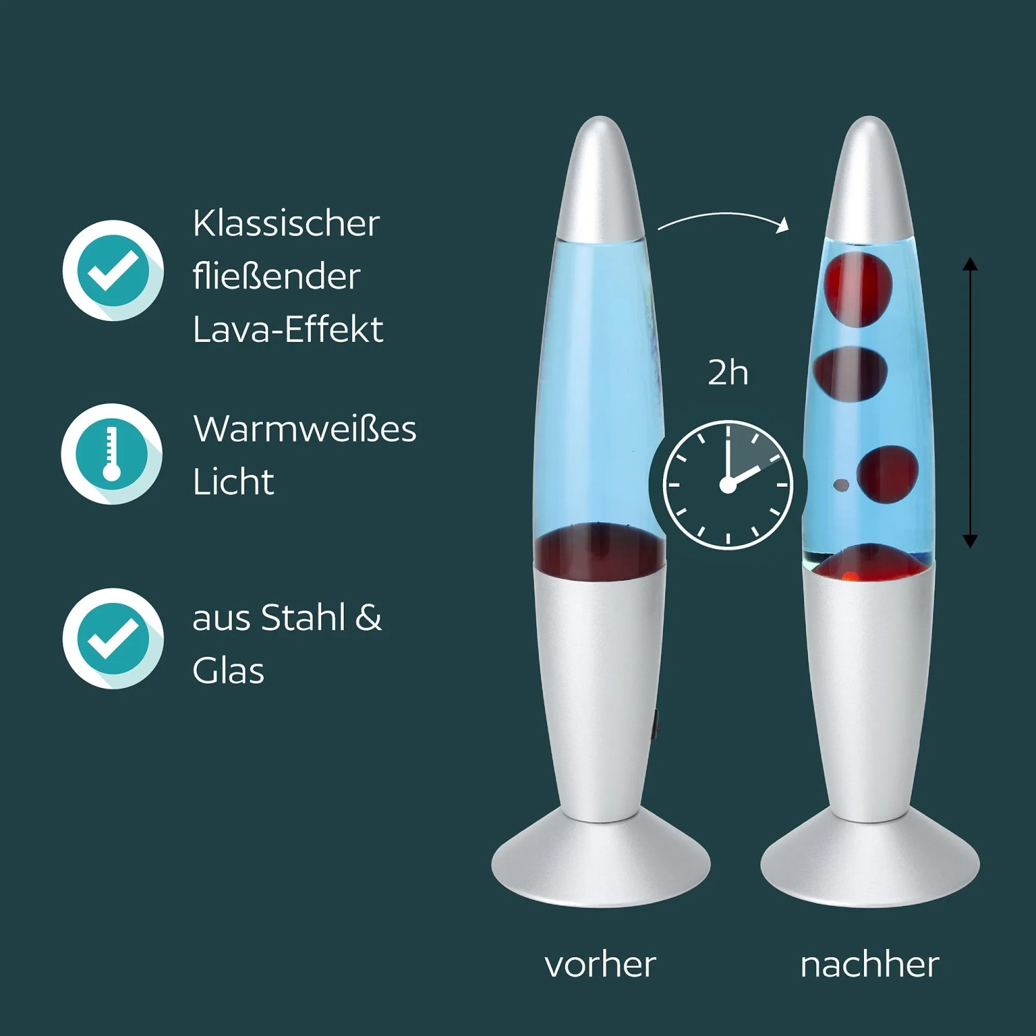 Eglo LED-Lavatischleuchte Silber/Blau/Rot. Klassischer Lava-Effekt mit rotem Wachs in blauer Flüssigkeit, fließend.