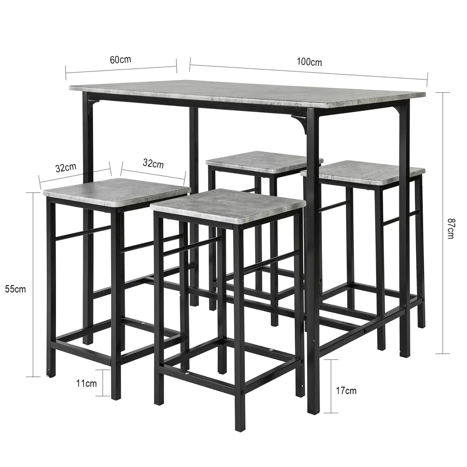 SoBuy Essgruppe OGT11-HG: Bartisch-Set mit 4 Hockern, grau-schwarz, ideal für kleine Räume.