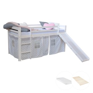 Homestyle4u Kinderhochbett 90x200 Weiß mit Lattenrost und Matratze 2773