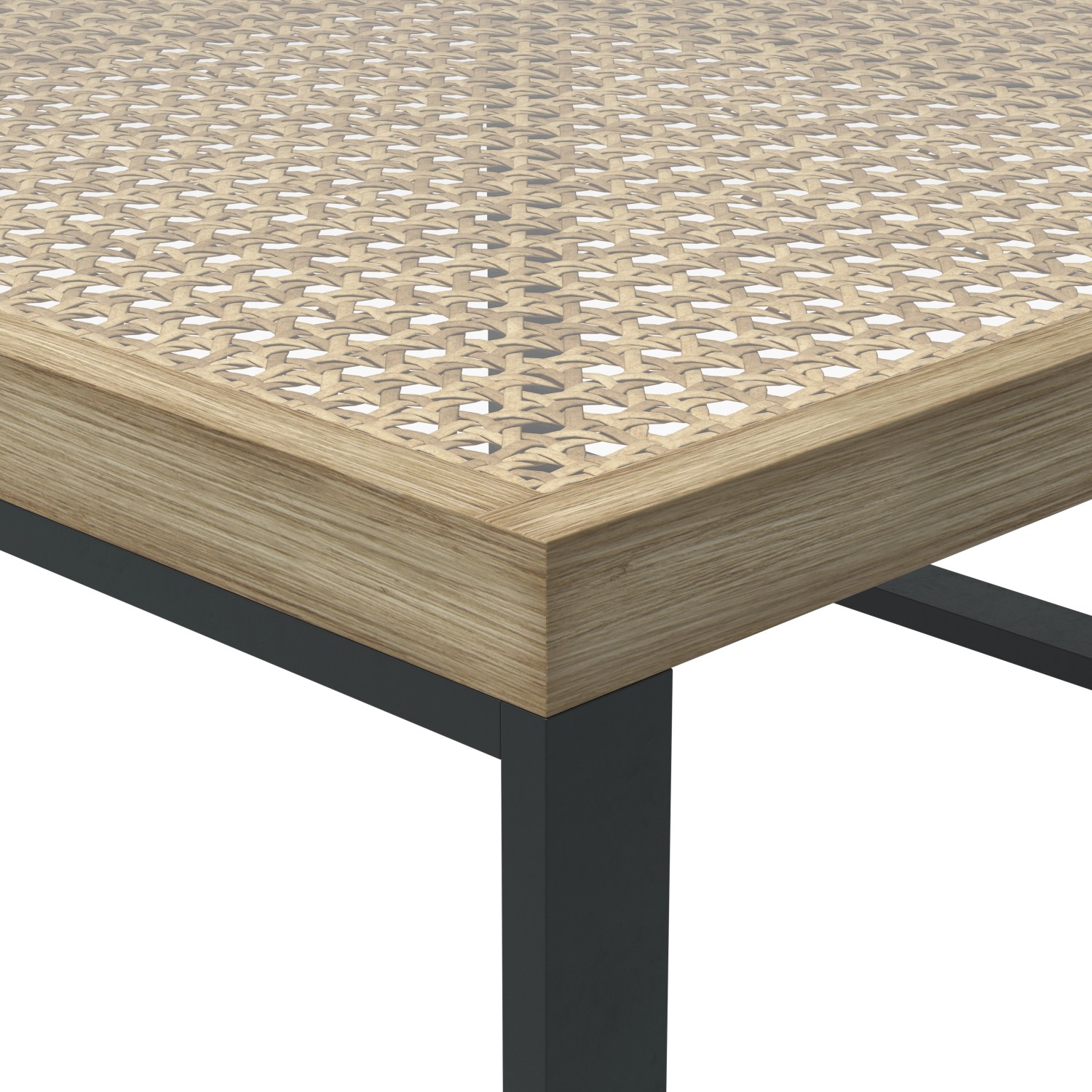 Detailansicht: Tisch des 3-tlg. Lounge-Sets Calora aus Rattangeflecht und grauem Aluminium.