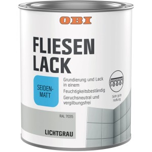 Dose OBI Fliesenlack Lichtgrau, seidenmatt, für Wandfliesen in Bad und Küche.