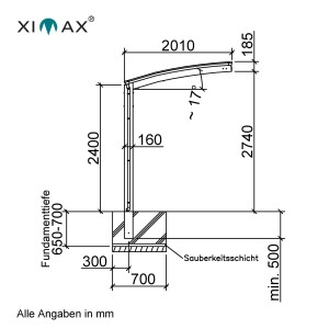 Technische Zeichnung des Ximax Alu Carports Portoforte Mini mit Maßen für Höhe, Breite, Fundament und Dachneigung.