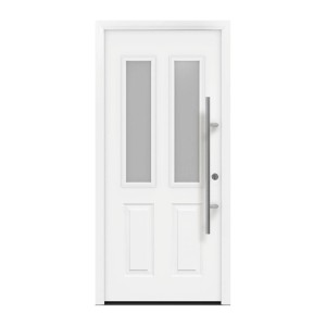 Weiße EcoStar Haustür Isopro Secur IPS 410S mit satiniertem Glas und Edelstahlgriff, DIN rechts.