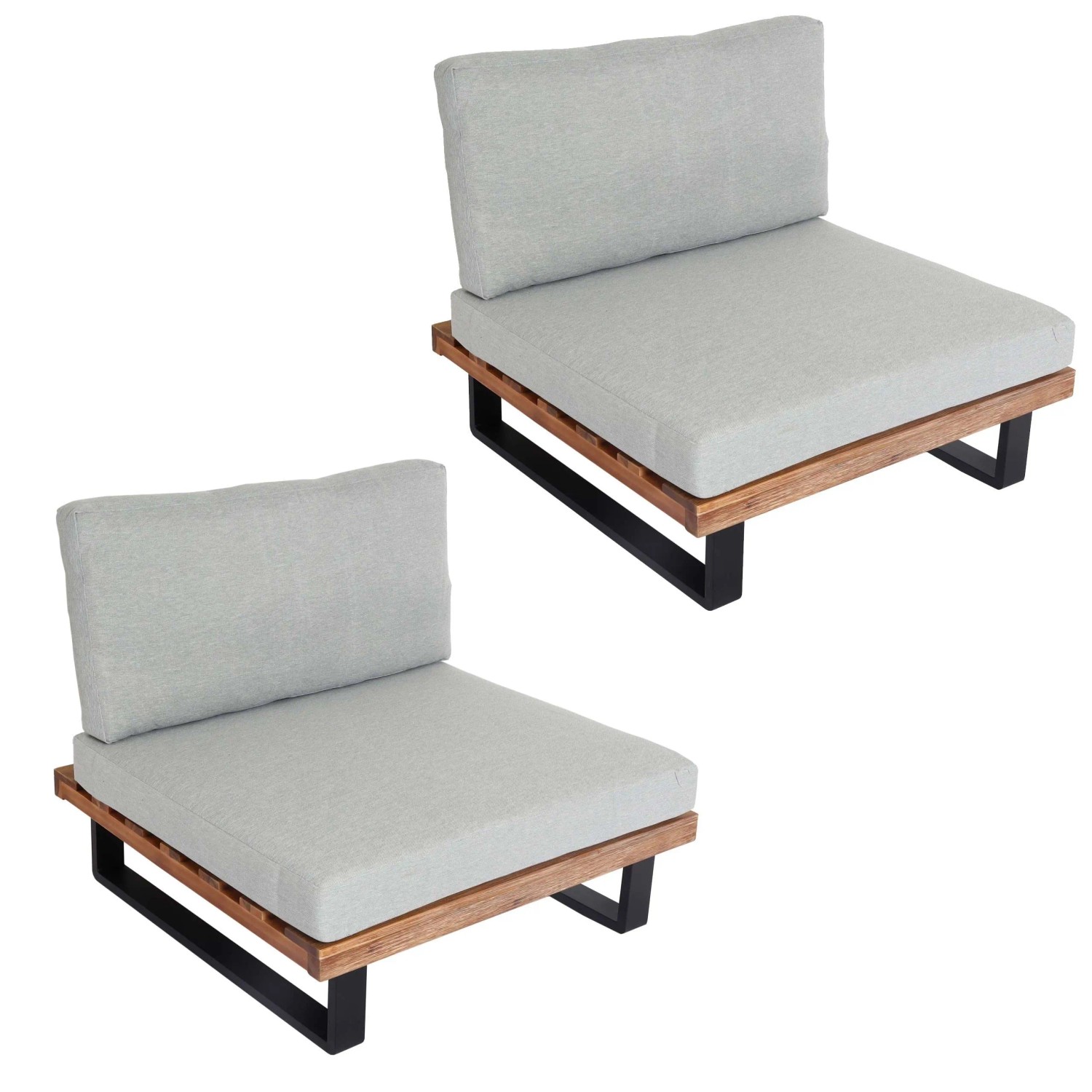 PROREGAL 2er-Set Lounge-Sessel Garten-Sessel Spun Poly Akazie Holz FSC-Zertifiziert Alu Hellbraun Polster Hellgrau