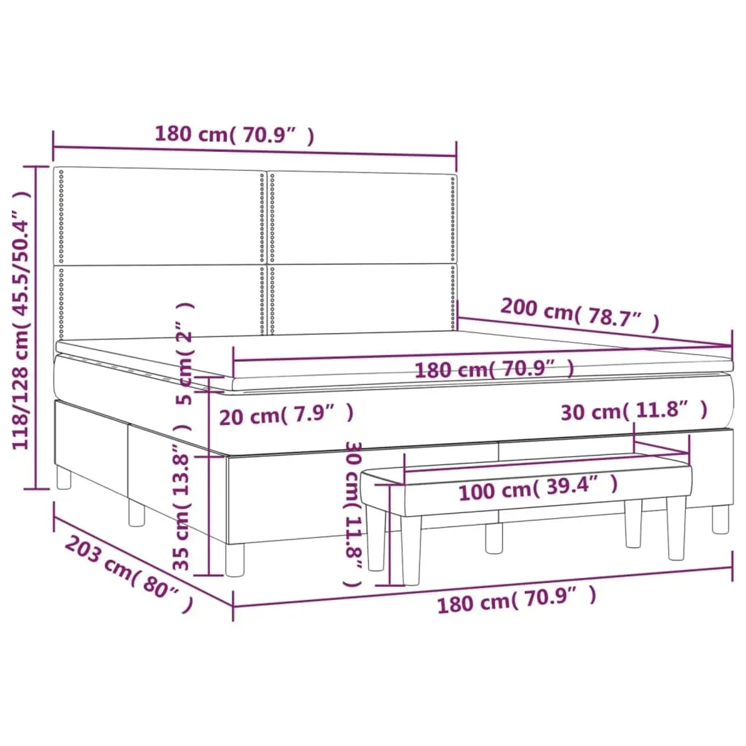 Graues vidaXL Boxspringbett 180x200 cm mit Matratze, Kopfteil und Bank aus Kunstleder.