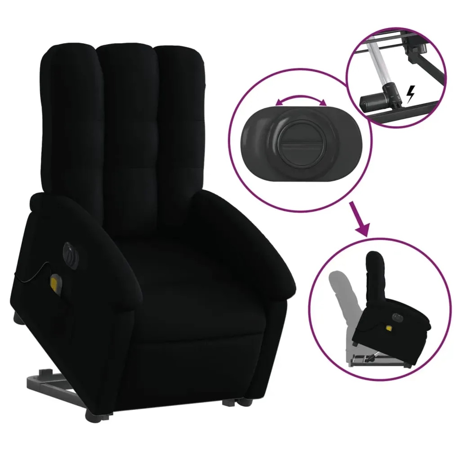 Schwarzer vidaXL Massagesessel mit Aufstehhilfe, Stoff, Modell 7. Relaxsessel mit Fernbedienung und Aufstehfunktion.
