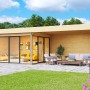 Modernes Fjordholz Gartenhaus Alu Concept 44 A mit Anbau, unbehandelt, mit Schiebetüren und Terrasse.