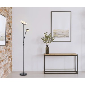 Schwarze, dimmbare LED-Stehlampe Ernst mit zwei Leuchten für Wohnräume.
