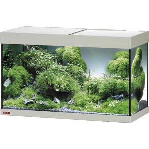 Eheim VivalineLED 126 Aquarium-Komplettset in Eiche-Grau mit Pflanzen und Abdeckung.