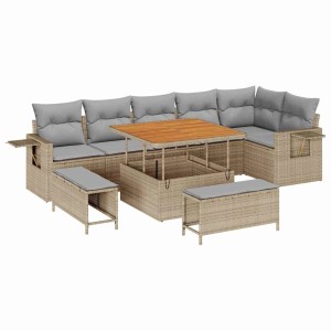Beiges 9-teiliges vidaXL Garten-Sofa-Set aus Rattan und Akazie mit Tisch und Kissen.