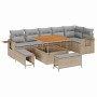 Beiges 9-teiliges vidaXL Garten-Sofa-Set aus Rattan und Akazie mit Tisch und Kissen.