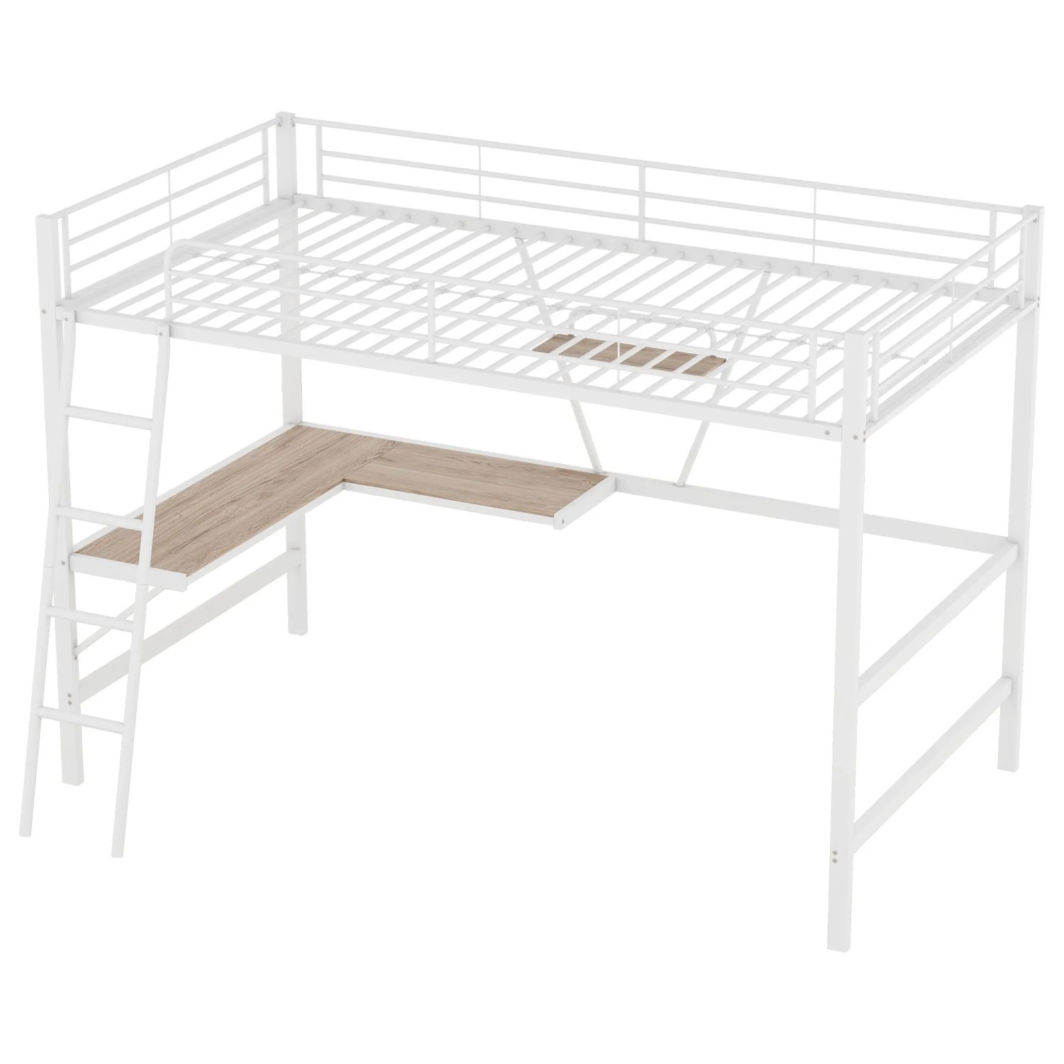 KOMHTOM Hochbett 90x200Cm Bettgestell Eisenbett Mit L-Förmigem Schreibtisch Und Einem Regal Für Kinder Weiß Ohne Matratze