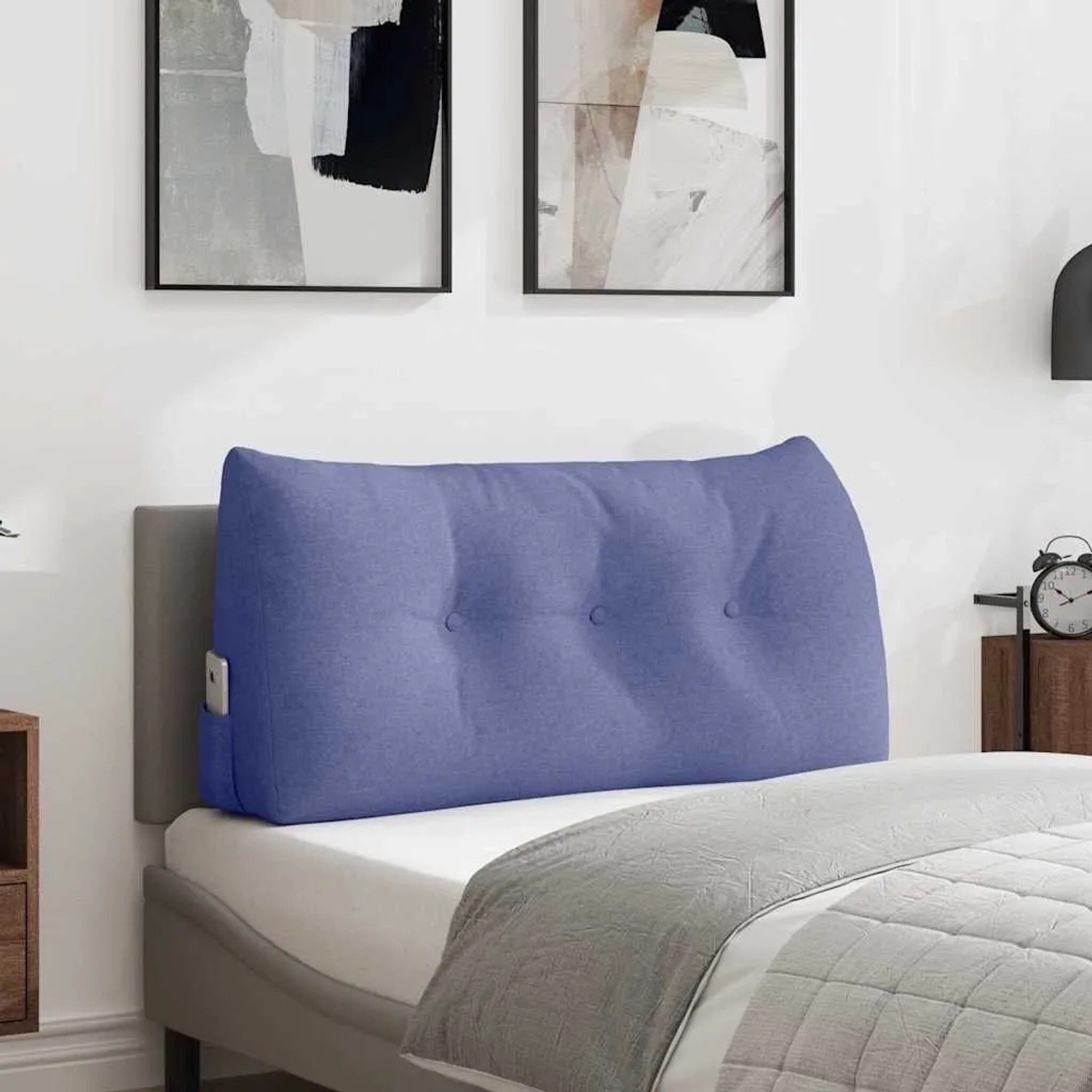 Jeansblaues vidaXL Rückenkissen aus Stoff mit Knöpfen und Seitentasche auf einem Bett. Ergonomische Unterstützung.