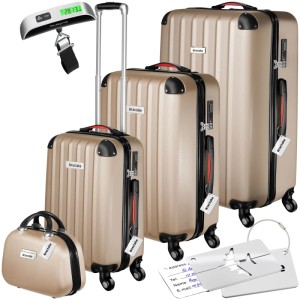 Tectake Hartschalenkoffer Set Cleo, 4-teilig in Champagner mit Kofferwaage und Anhänger.