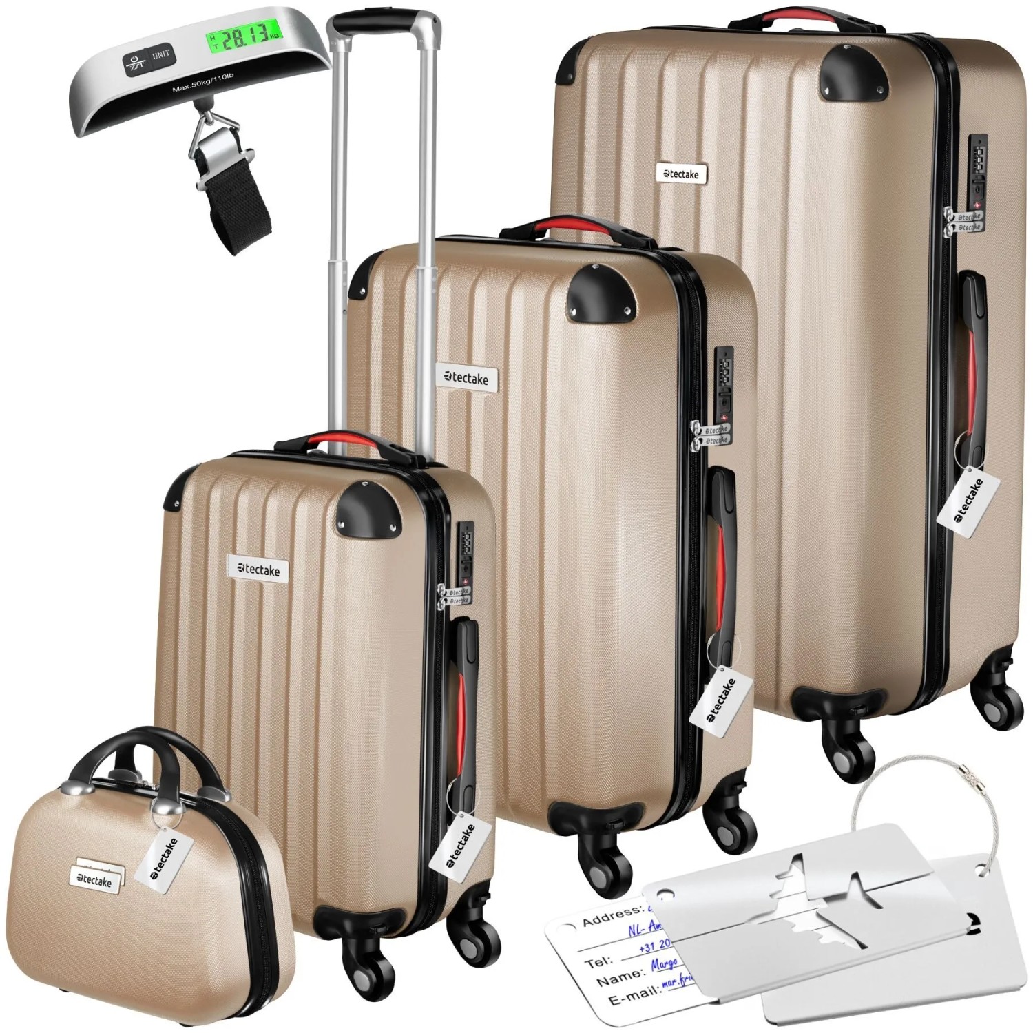Tectake Hartschalenkoffer Set Cleo 4 Teilig  3 Trolleys  1 Beauty Case Inkl  Kofferwaage und  Anhänger Mit Teleskopgriff  30 50 x 48 x 75 cm Champagne